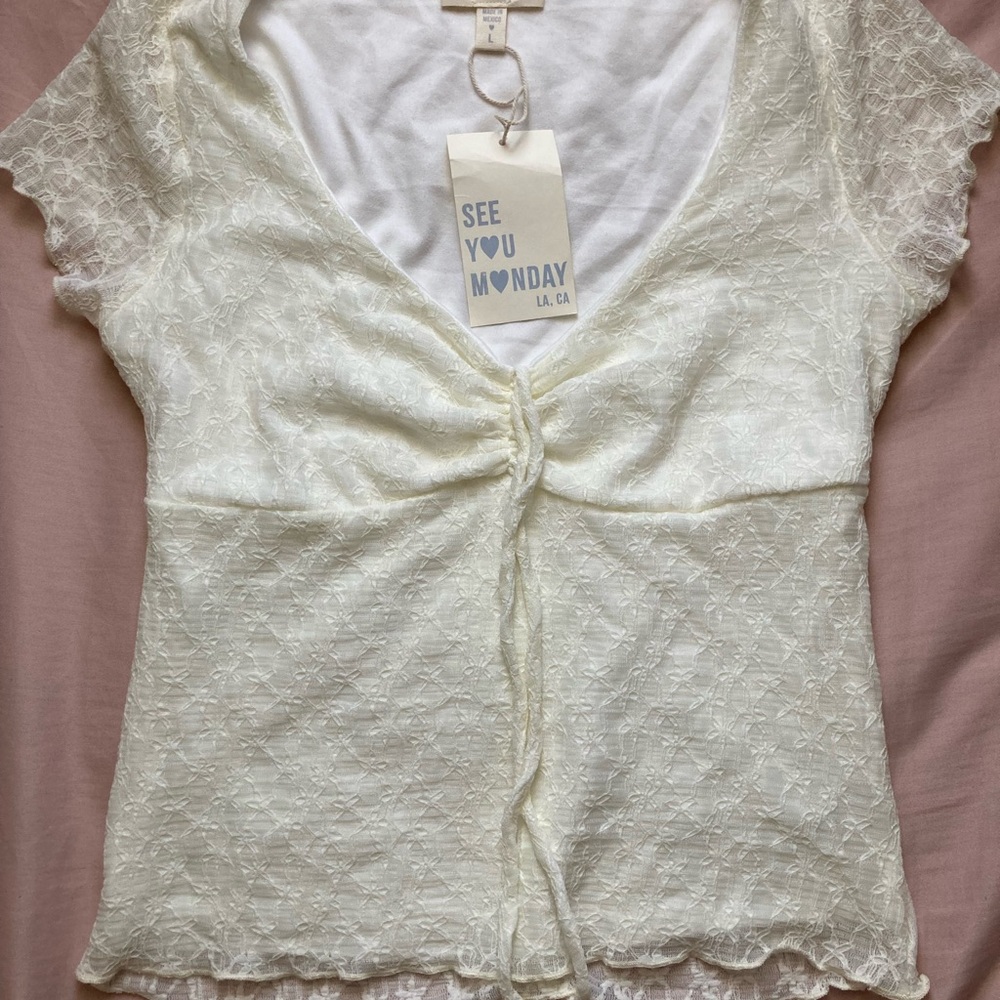 See You Monday Cream Cap Sleeve Tie Front Blouse